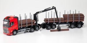 EMEK71305 - Camion rouge avec grue  Cabine de chargement et remorque transport de bois – VOLVO FH16 750 XL 6x4