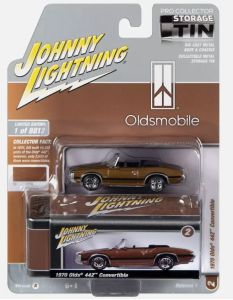 JLCT011-D - Voiture sous blister de la série COLLECTOR TINS -OLDSMOBILE 442 cabriolet 1970 marron