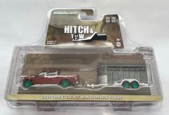 GREEN32270-D_VERT - Voiture avec jantes vertes sous blister de la série HITCH & TOW - FORD F-150 XLT 2019 bordeaux avec jantes vertes et bétaillère