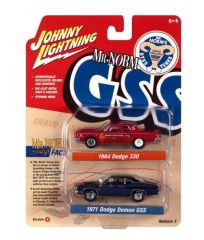 JLPK019A-1 - Voiture sous blister de la série TWIN PACK 2022 série A - DODGE 330 1964 rouge et DODGE Demon GSS 1971 bleu - Mr. NORM