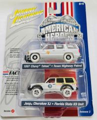 JLPK019A-3 - Voiture sous blister de la série TWIN PACK 2022 série A - CHEVROLET Tahoe 1997 - Texas Highway Patrol et JEEP Cherokee XJ - Florida State K9 Unit - AMERICAN HEROES