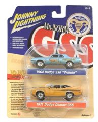 JLPK019B-2 - Voiture sous blister de la série TWIN PACK série B - DODGE 330 Tribute 1964 bleu et DODGE Demon GSS 1971 Marron