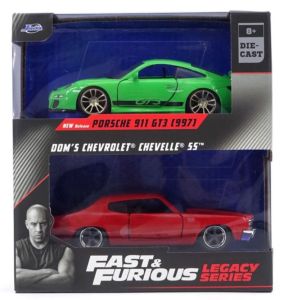 JAD35692 - Voitures du film Fast & Furious - PORSCHE 911 GT3 RS verte et CHEVROLET chevelle rouge