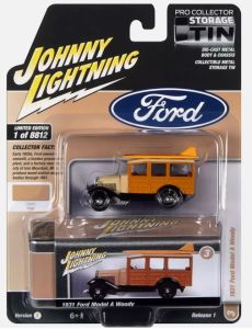 JLCT011-F - Voiture sous blister de la série COLLECTOR TINS - FORD Model A Woody 1931 Orange et beige